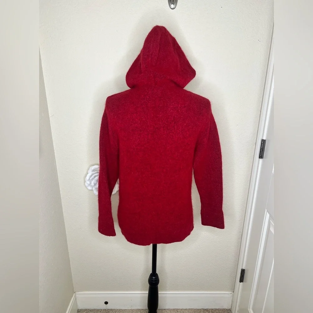 Vince Italy Wool Alpaca Blend Fuzzy Hooded Sweater Cherry Red Oversized XS